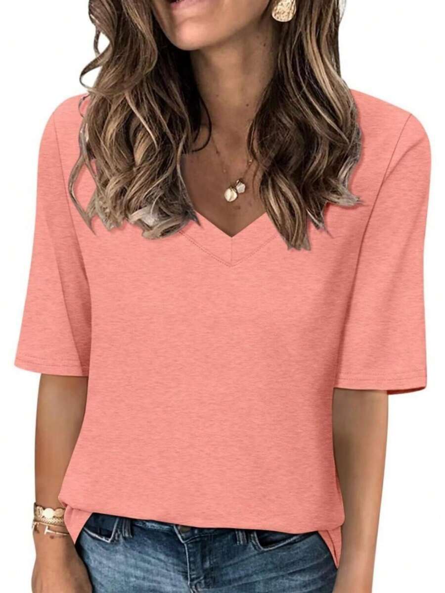 OUTBALL Fashion Solid Color Women Summer Casual Top Office Blouse - Màu Hồng  San hô - Xem 1