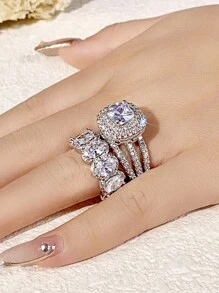2pcs/Set Women's Ring Set, White Cubic Zirconia Ring, Elegant Wedding Accessory, Eternal Jewelry - Ring Set - View 4