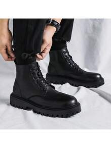 Boots Men's High Top Spring And Autumn British Style Retro Mid-Top Leather Shoes Heightened Black Leather Boots - 黑色 - 查看 5