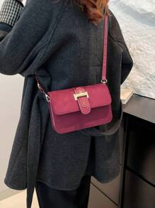 1 件迷你勃艮第方形包，金属扣，绒面 PU 可调节肩带斜挎包，女士时尚手提包，适合日常使用，购物，约会，时尚勃艮第包 - 酒紅色 - 查看 6
