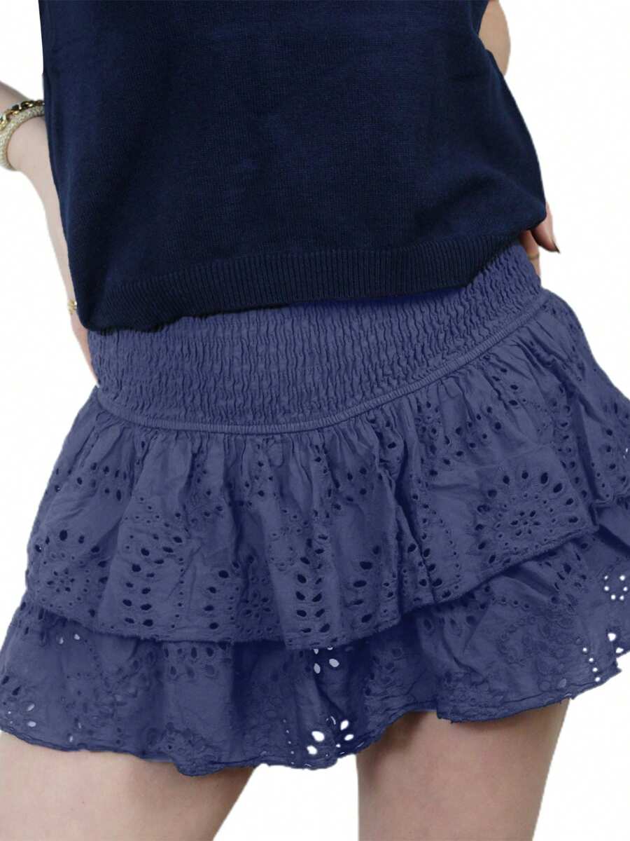 Women's Shirred Mini Skirt A-Line Pointelle High Waist Layered Ruffle Skirt For Summer Party Club - Màu xanh hải quân - Xem 1