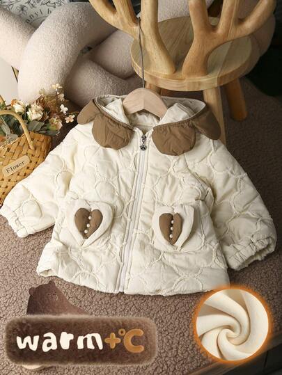 1 pezzo Giacca con cappuccio e fodera termica con decorazione floreale per ragazze giovani, outerwear casual elegante e caldo per l'autunno/inverno