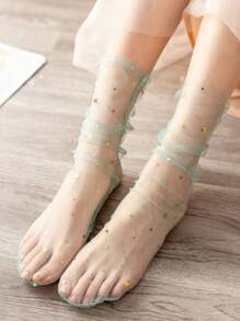 1 Pair Women Fashion Glitter And Stars Tulle Socks See Through Transparent Colorful Star Summer Ultra-Thin Loose Long Socks Mesh Lace Socks - Multicolor - View 7