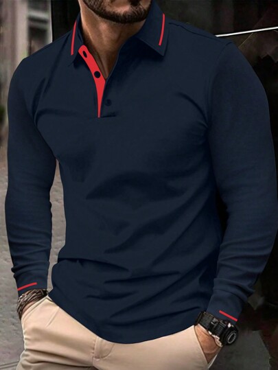 Męska, jednoczęściowa, swobodna, kontrastowa koszula polo z długim rękawem i guzikami ćwierć-zapinana, odpowiednia na wiosnę i jesień, do gry w golfa i na jesień