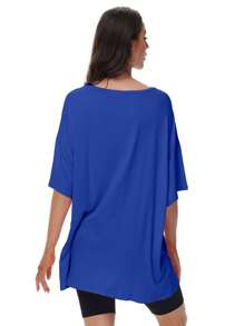 OUTBALL Oversized T Shirts For Women Short Sleeve Crewneck Summer Tops Loose Casual Mama Shirts Basic Tee - Màu xanh lam - Xem 2