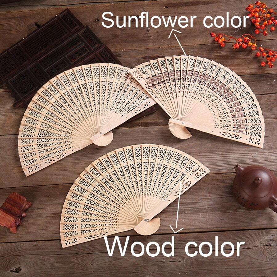 1pc 檀香镂空木扇木扇彩色檀香木扇镂空折扇印花木制工艺扇仿檀香扇，送礼佳品 - 杏色 - 查看 1