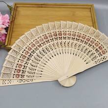 1pc 檀香镂空木扇木扇彩色檀香木扇镂空折扇印花木制工艺扇仿檀香扇，送礼佳品 - 杏色 - 查看 3