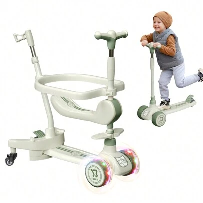 Multifunctional 3 Wheels Scooter, Toddler Scooter With Light Up Wheels, Kids Scooter With Adjustable Handbar, Foldable Kick Toddler Scooter With Push Handle For Boys Girls