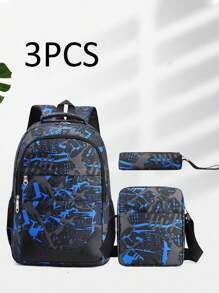 1套撞色混搭时尚背包三件套学生背包大容量拉链简约背包小学生背包男中学生高中生大容量背包时尚休闲校园背包男生背包旅行背包出差旅游度假户外运动男友礼物购物返校季必备 - 藍色 - 查看 7
