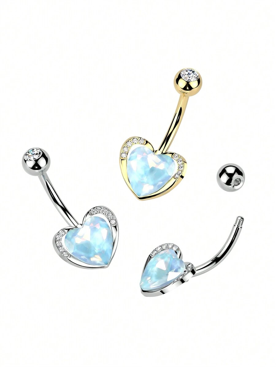 1pc Heart Shaped Navel Ring With Synthetic Zirconia, Stainless Steel Belly Button Jewelry, Gift For Date & Daily Wear