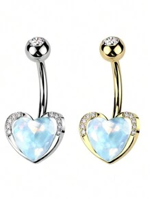 1pc Heart Shaped Navel Ring With Synthetic Zirconia, Stainless Steel Belly Button Jewelry, Gift For Date & Daily Wear - Love Navel Ring - View 4