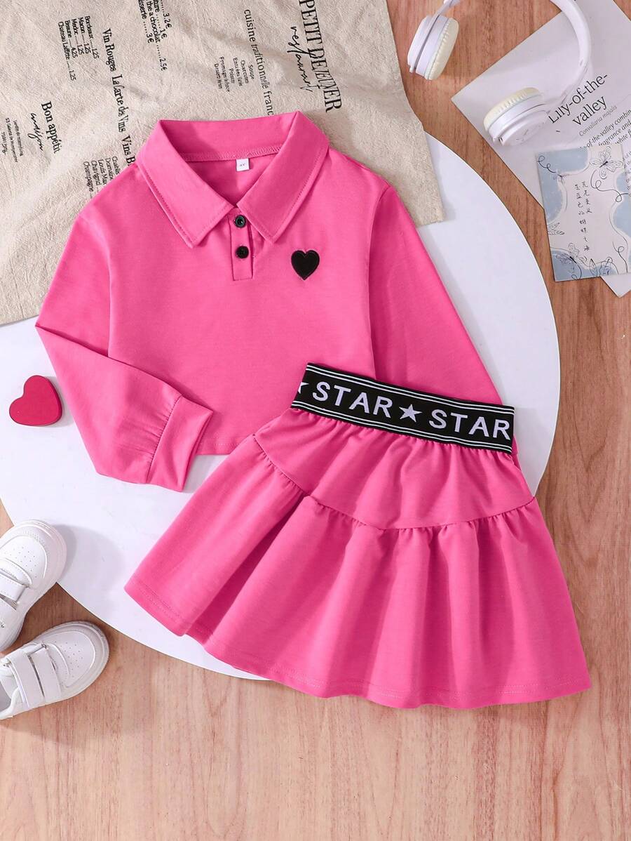 Kleine Mädchen Sport Anzug mit Herz besticktem Kragen Langarmhemd und elastischer Taillenskirt, Lässig für Frühling & Herbst