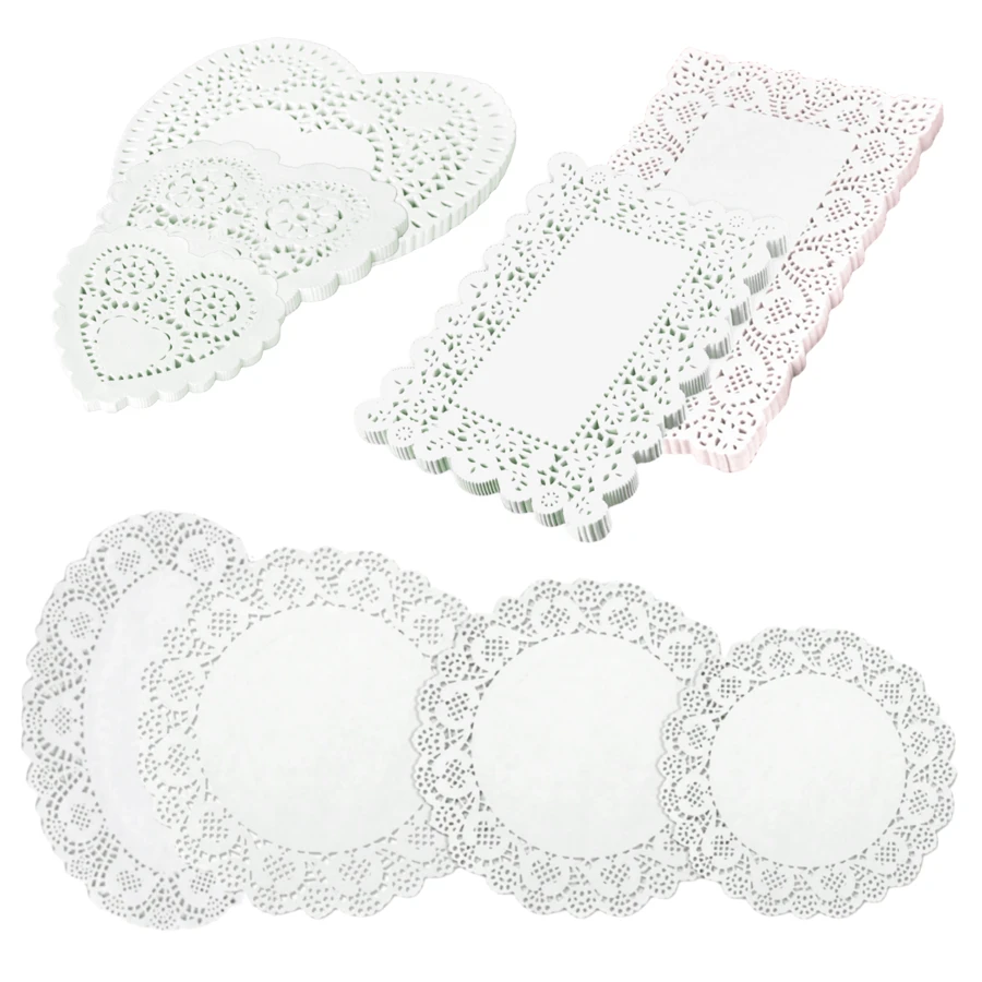 100pcs White Paper Lace Placemats, Decorative Disposable Placemats, Suitable For Desserts, Fried Foods, Wedding Tableware Decor, Cake Packaging - Round/Oval/Rectangular/Heart Shaped
