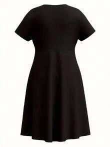 Vestido de cuello redondo con estampado personalizado talla grande, casual de manga corta para primavera/verano, ropa de mujer elegante en negro - Negro - Ver 3