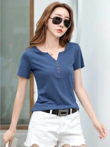 Camiseta Casual de bambú algodón Para Mujer Con Cuello En V - Azul - Ver 4