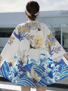 休闲度假旅行防晒宽松罩衫外套改良和服男女通用轻便外套日式美学鹤印花舞台表演制服披肩 - 白色 - 查看 3