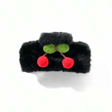 1 pieza Nuevo Ganchos para el cabello de moda dulce y sencilla en blanco y negro con diseño de cereza de felpa, estilo callejero lindo para otoño/invierno