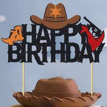 1/11/16件套西部牛仔蛋糕装饰套装，牛仔布、亮片、马蹄铁、牛仔帽、靴子，西部/牛仔主题生日派对蛋糕装饰 - 彩色 - 查看 2