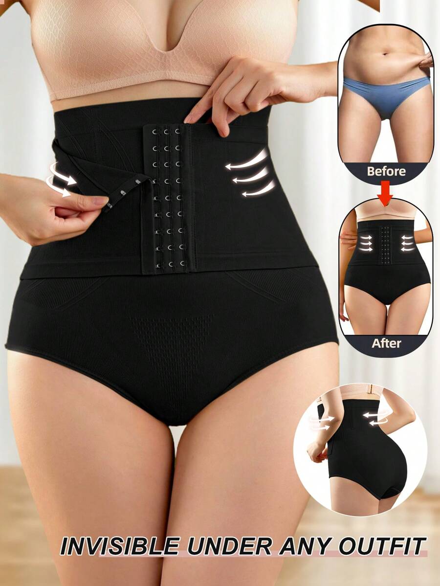 女士高腰塑身收腹内裤带扣塑身瘦身紧身平腹提臀提臀塑身腰部束腿控制内衣 - 杏色 - 查看 1