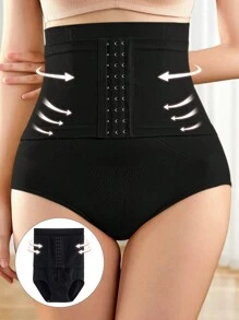 女士高腰塑身收腹内裤带扣塑身瘦身紧身平腹提臀提臀塑身腰部束腿控制内衣 - 杏色 - 查看 5