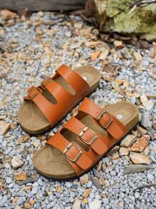 户外百搭休闲一脚蹬可调节带扣露趾圆头透气轻便防滑平底凉鞋，适合女士，四季皆宜 - 橘色 - 查看 5