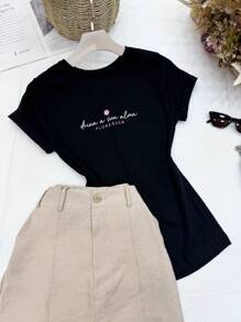 Women's T-Shirt Blouse 100% Cotton Letter - 黑色 - 查看 1