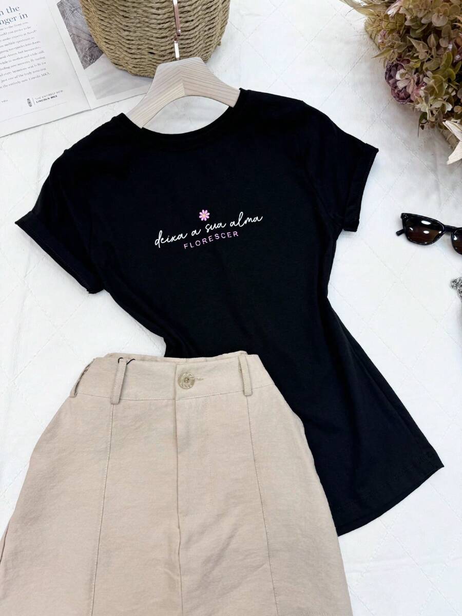 Women's T-Shirt Blouse 100% Cotton Letter - 黑色 - 查看 1