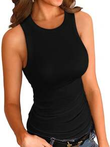 OUTBALL Womens Summer Tank Tops Crewneck Sleeveless Shirts Tanks Slim Fitted Casual Basic Tee Shirt - 黑色 - 查看 1