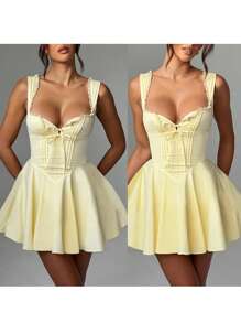 Women's Mini Corset Dress A-Line Deep V Neck Backless Ruffle Hem Sleeveless Dress For Party Club - Màu vàng - Xem 2