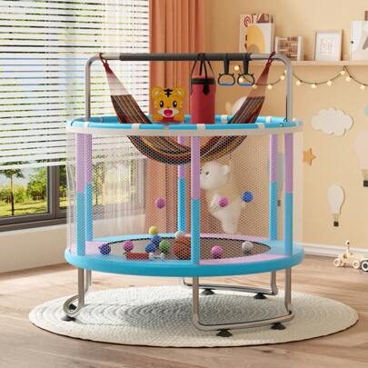 1 X 5-Foot Trampoline, Adjustable Trampoline With Basketball Hoop, Swing, Sandbag, Ocean Ball, 440 Pound Indoor/Outdoor Trampoline, With Shell Net 59.06"X59.06"X43.31"