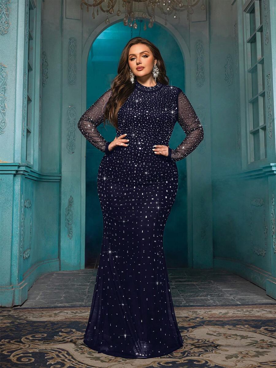 QOQ Temperament Plus Size Women Hot Drill Formal Dress Luxury Rhinestone Evening Gown For Dinner Party, Cocktail Party, Galas Solid Color Dresses - Navy Blue - View 1