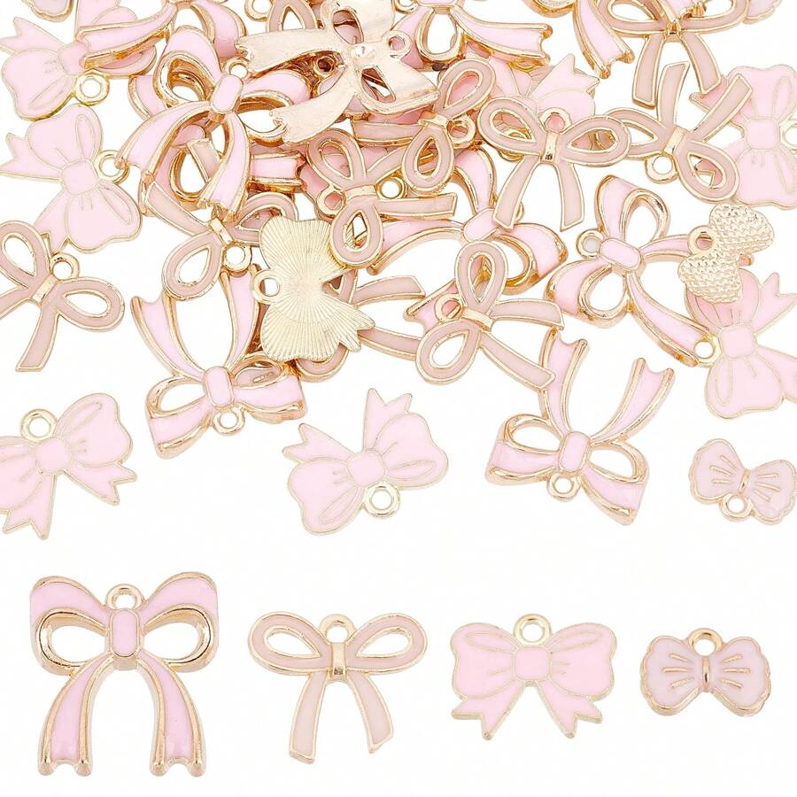 10/40Pcs 4 Style Romantic Enamel Flat Bowknot Charms Pink Bowknot Kawaii Dangle Pendants Bulk For Women Jewelry Making Earrings Necklace Bracelets Valentine's Day DIY CraftsSupplies
