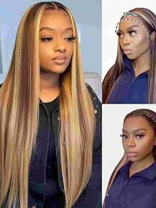 Eulisi Tóc giả thẳng màu vàng mật ong 13x4 trong suốt phía trước ren tóc giả tóc thật 4/27 highlight ombre ren tóc giả phía trước tóc thật nhổ sẵn với tóc con tóc giả không keo mật độ 180 cho phụ nữ - SP4/27 - Xem 9