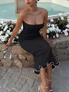 女士纯色筒形荷叶边修身春夏连衣裙时尚优雅性感度假派对节日服装 - 黑色 - 查看 2