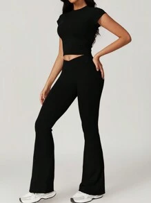 NcmRyu 2Piece Set Women's Solid Crop High Waist Biker Pants Tracksuit Set, Flare Bottoms Legging Streetwear Tracksuit, Sporty Breathable Comfy Outfits For Gym Workout Running, Ladies Sportswear, Minimalistic Outfit - 黑色 - 查看 4