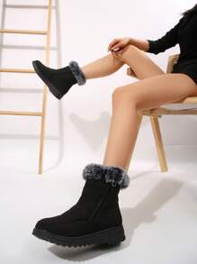 女士时尚黑色雪地靴，蓬松衬里保暖户外冬靴，厚底厚底短踝靴，酒红色 - 黑色 - 查看 5
