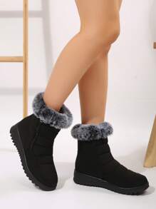 女士时尚黑色雪地靴，蓬松衬里保暖户外冬靴，厚底厚底短踝靴，酒红色 - 黑色 - 查看 4