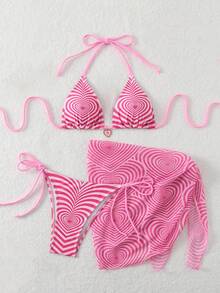 New Heartshaped Halter Lace-Up 3pcs Bikini Swimwear Set With Skirt, Women Beach Fashion Summer Swimwear - Pink - View 2