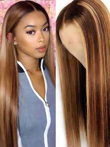 Eulisi Tóc giả thẳng màu vàng mật ong 13x4 trong suốt phía trước ren tóc giả tóc thật 4/27 highlight ombre ren tóc giả phía trước tóc thật nhổ sẵn với tóc con tóc giả không keo mật độ 180 cho phụ nữ - SP4/27 - Xem 5