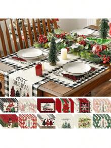Christmas Placemats Linen Christmas Trees Snowflake Gnome Print Table Mats Xmas Table Pads For Home - O - View 2