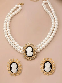 Double-Layer Retro Elegant Fully Rhinestone Faux Pearl Choker - Multicolor - View 2