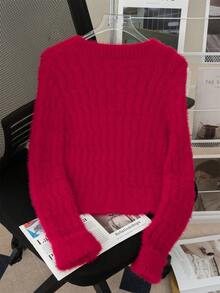 女士时尚短款保暖蝴蝶结多功能圆领长袖毛衣开衫针织外套秋冬街头潮流 - 紅色 - 查看 11