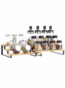 SONGMICS Spice Rack Set Of 2 Expandable 3-Tier Bamboo Stackable Spice Rack For Pantry Countertop Natural And Black MKCS016N01 - Camel - View 4