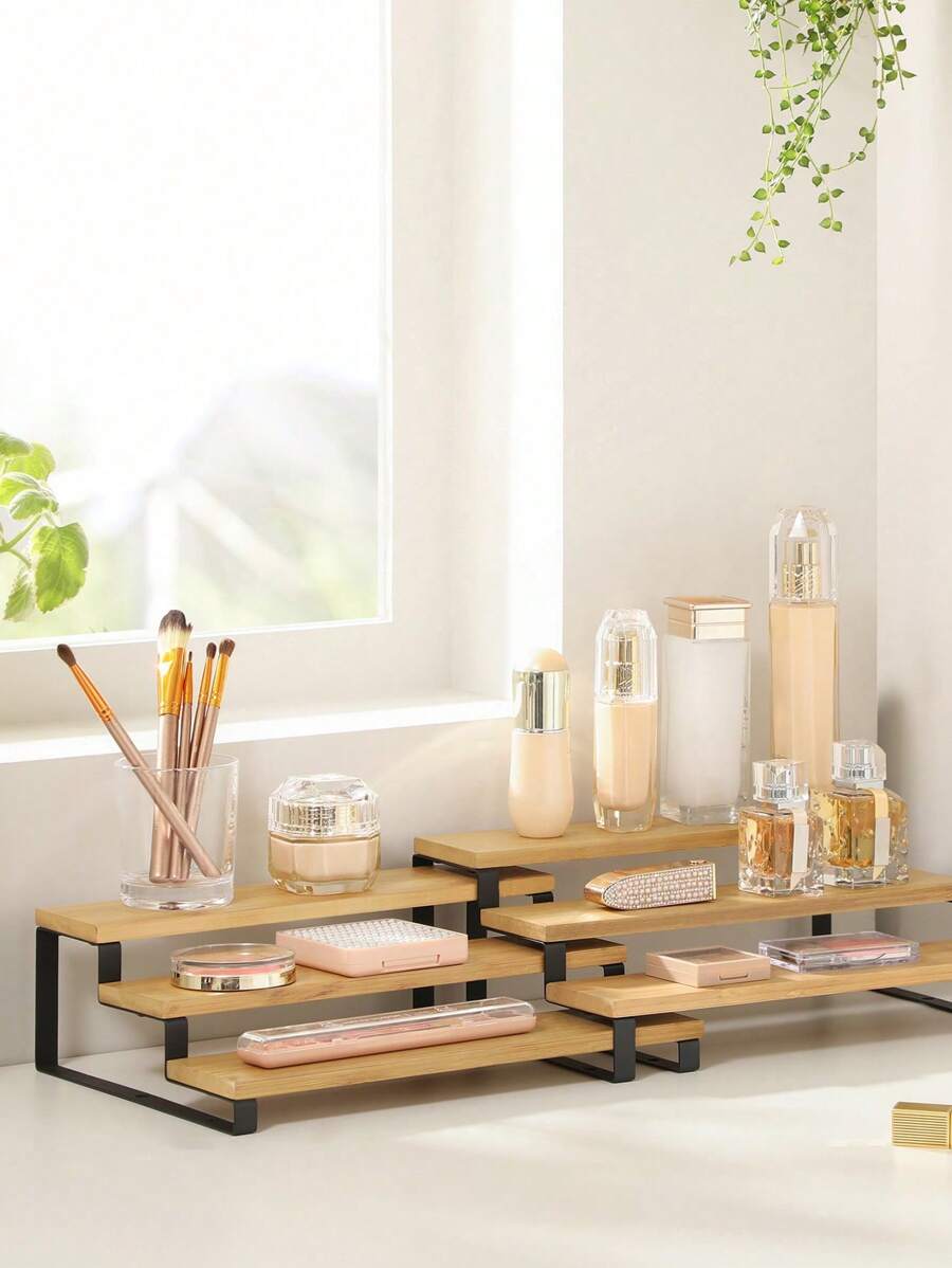 SONGMICS Spice Rack Set Of 2 Expandable 3-Tier Bamboo Stackable Spice Rack For Pantry Countertop Natural And Black MKCS016N01