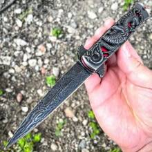 Survival Camping Knife, Dragon Engrave Handle, Blue/Red Style, With Pocket Clip Good For Outdoor And Collection Knives,Back To School,School Supplies