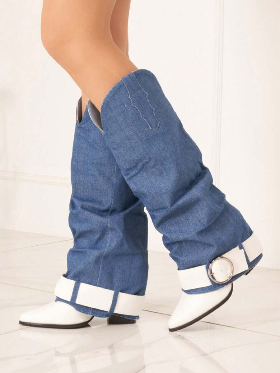 Bottes Western à Plateforme Avec Ceinture Anneau – Style Cowboy Moderne - White - View 1