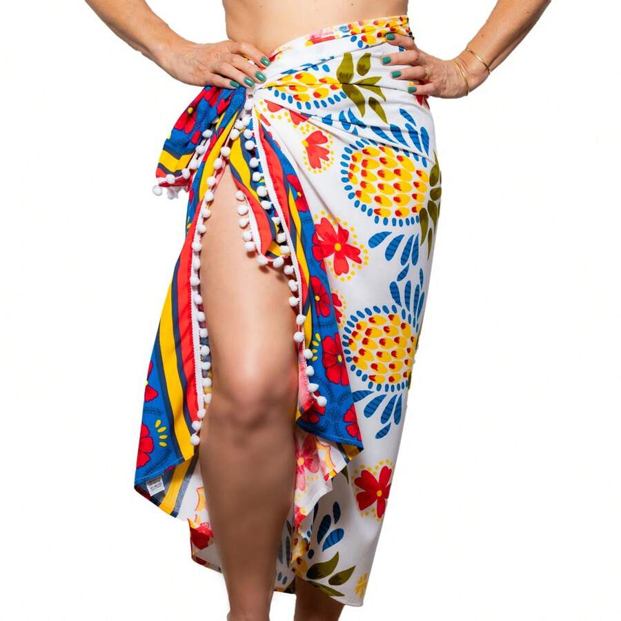 Marujá Beach Beach Sarong In White Printed Viscolinho Pareo Beach Cover-Up - Xem 1