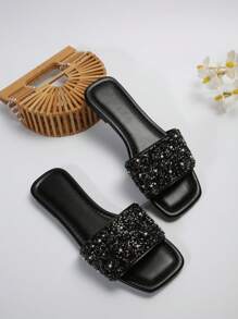 大码女式平底凉鞋，度假休闲百搭水钻装饰一脚蹬拖鞋