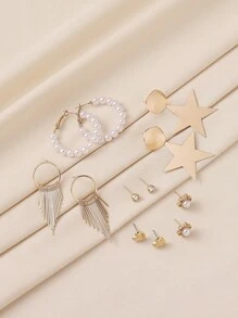 Bộ 6 đôi khuyên tai tròn hình học tua rua kim loại màu vàng hình ngôi sao ngọc trai, phù hợp với phụ nữ, phong cách đường phố thời trang, hẹn hò, hộp đêm, trang phục hàng ngày - Nhiều màu - Xem 11