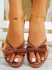 planare 女士休闲度假风格日常 PU 蝴蝶结露趾露跟圆头一脚蹬舒适夏季棕色凉鞋，女士平底凉鞋 - 棕色 - 查看 4